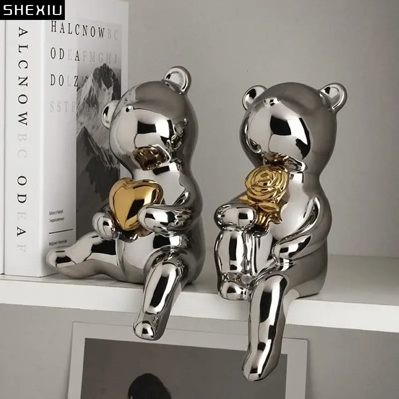 

Cute Bear Sculpture Plating Ceramic Crafts Desk Decoration Ornaments Animal Statue Living Room Furnishings Lovely Bear Artwork