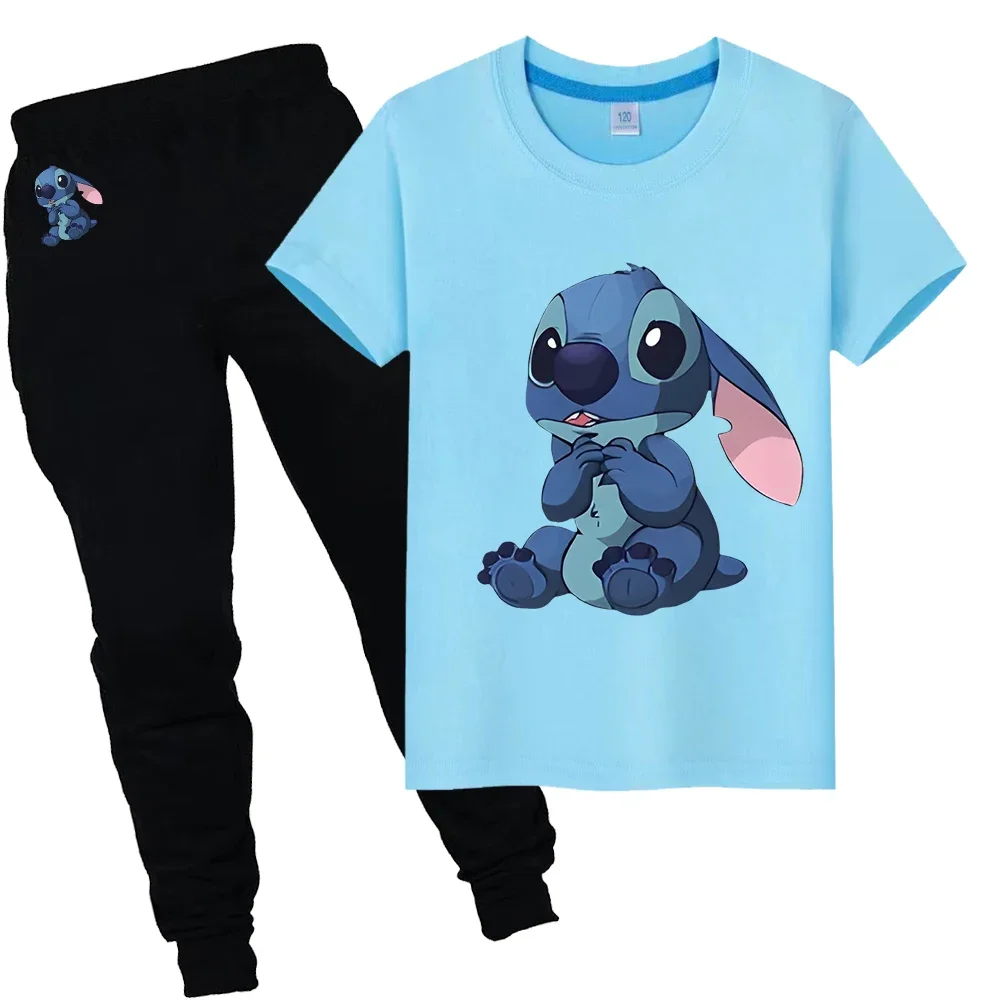 Sports suit Stitch Disney Print 100%Cotton T-shirt Kawaii Tees boys girls Tshirts disney Summer Cute Short+pant kid holiday gift