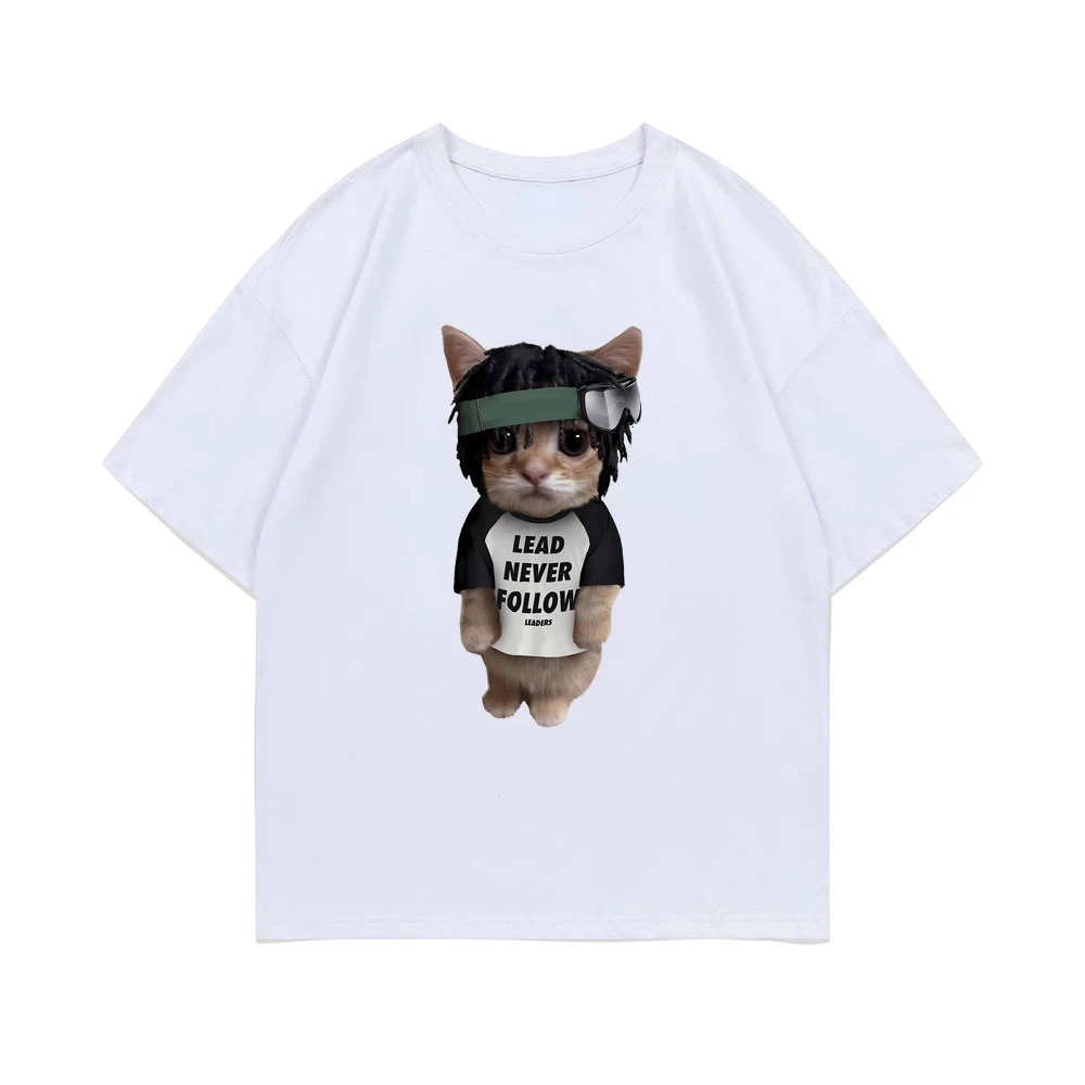 LEAD NEVER FOLLOW LEADERS Funny Cat Print T-shirt Hilarious Unisex Oversized Short Sleeve Crew Neck Hip Hop Shirt