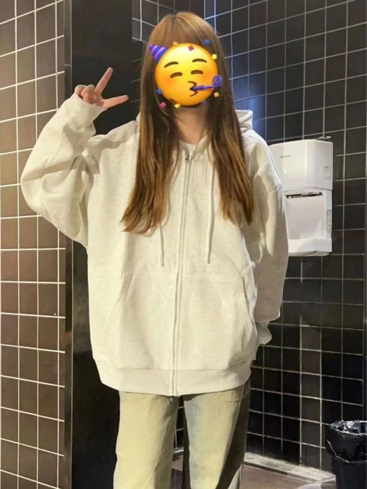 Women Hoodie Light Gray Zip Up Cardigan Vintage Loose Fit Lightweight Sweatshirt Spring Autumn Casual Streetwear