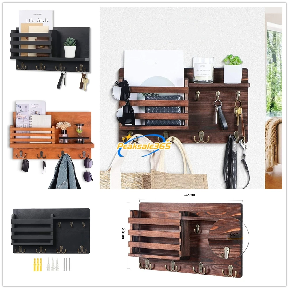 Mail Sorting Shelf with Keys Hangers Wall Mounted Wood Holder Tray Vintage Home Decor Hallway Storage Clothes Towel Bag Umbrella