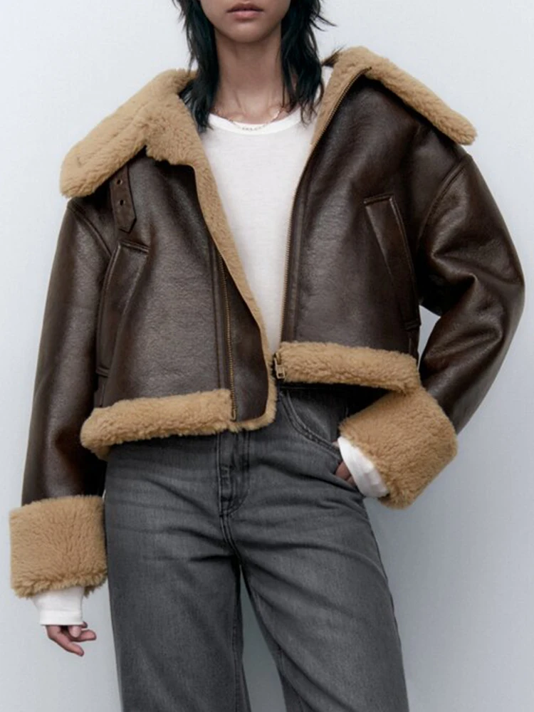 FTLZZ New Winter Thick Faux Leather Fur Sheepskin Coat Women Fashion Lapel Zipper Short Pu Jacket Lady Warm Moto Biker Outwear