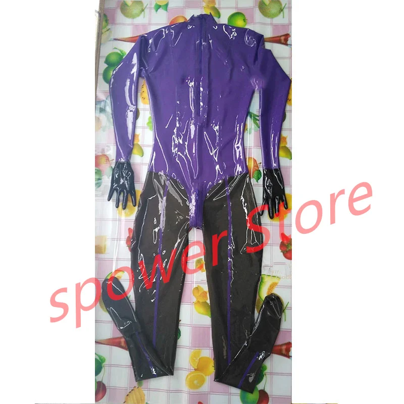 

Handmade Women Latex Catsuit Purple with Gloves Socks Rubber Bodysuit Tight Jumpsuit Customize Cosplay Costumes