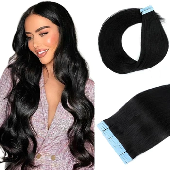 Cinta recta en extensiones de cabello humano 100% cabello humano Remy Real pegamento adhesivo de trama de piel brasileña en calidad de salón para mujeres