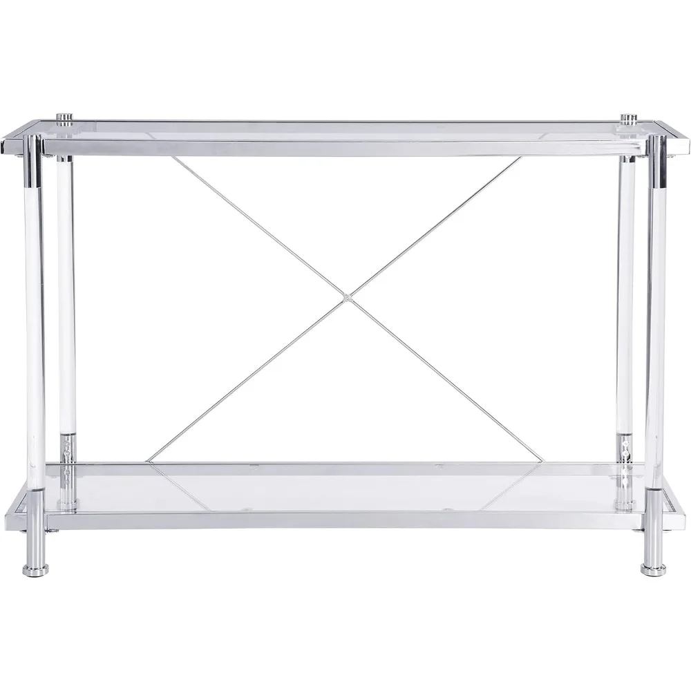 Contemporary Silver Glass Console Table with Two-Tier Storage for Narrow Spaces and Entryways