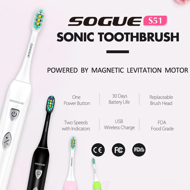 SOGUE Sonic Electric Toothbrush Electronic Maglev Motor USB Charge 1 holder 2 FDA brushhead S51 Escova de Dente Eletrica Sonico