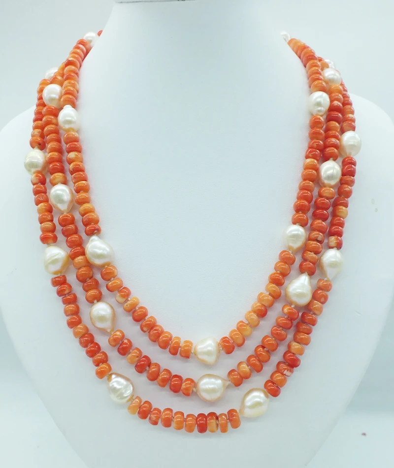 rare! the last one! 3 rows of natural orange coral and natural pearl necklace, the most classic bridal wedding necklace  18-22