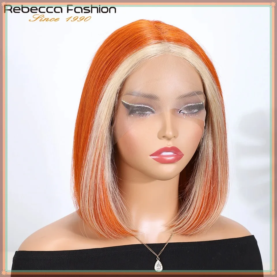 180% Density Blonde Orange Straight Bob Lace Front Wig Human Hair Transparent Swiss Lace Short Wigs for Women Middle Part