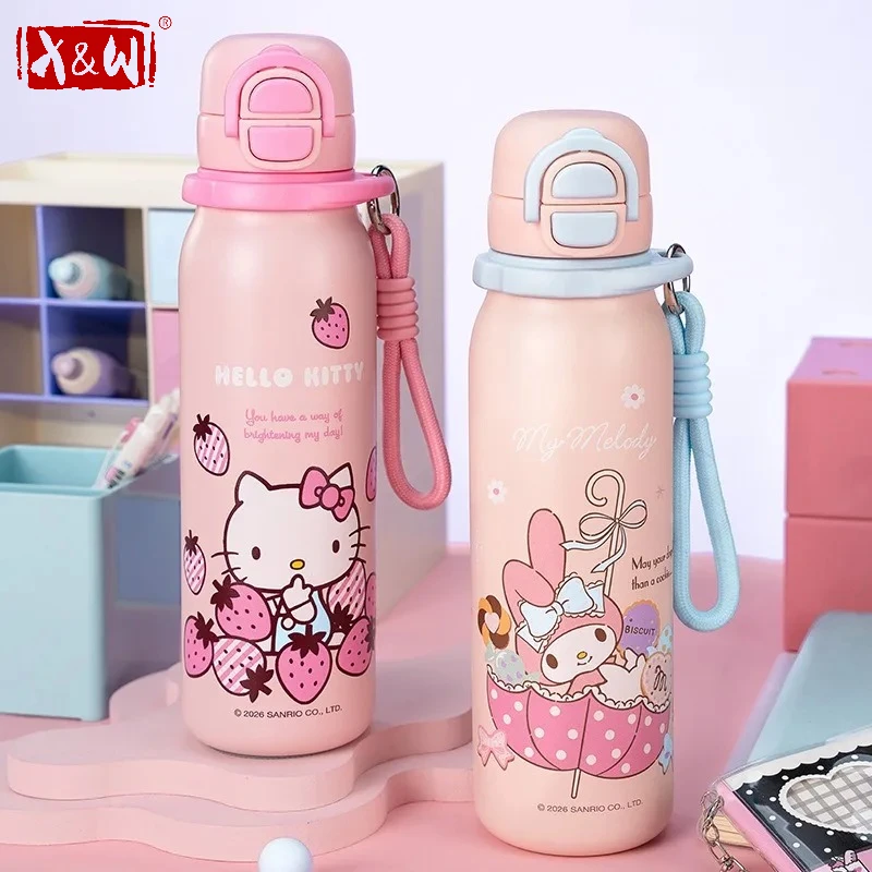 X&W Sanrio 580ml Kids Insulated Cup 316 Stainless Steel Dual-Drinking Straw Mug Thermal Vacuum Flask School Student Water Bottle