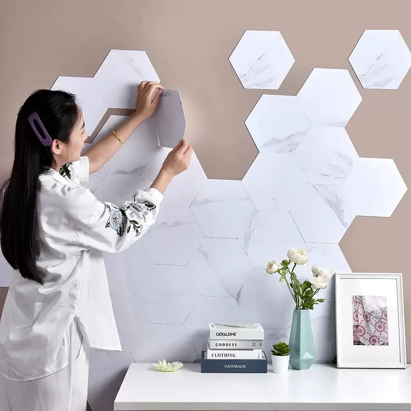 Imagem -03 - Auto-adesivo Adesivo de Parede Hexagonal Adesivo Impermeável tv Background Grão de Madeira Papel de Parede Cerâmico Decoração 20 Pcs