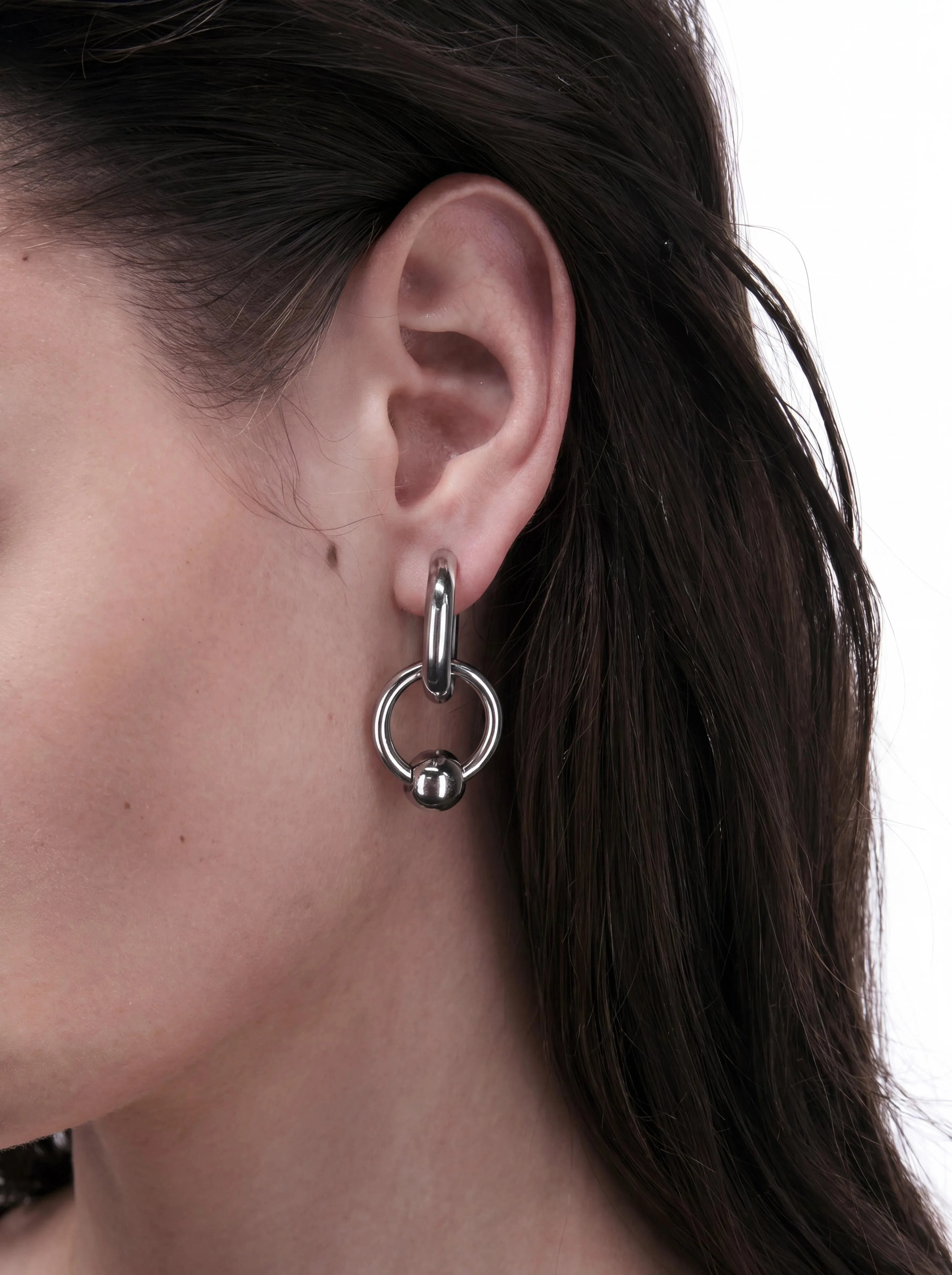Stainless Steel Interlocking Double Ring Ball Huggie Hoop Earrings Punk Y2K Geometric Statement Jewelry for Women Men ﻿