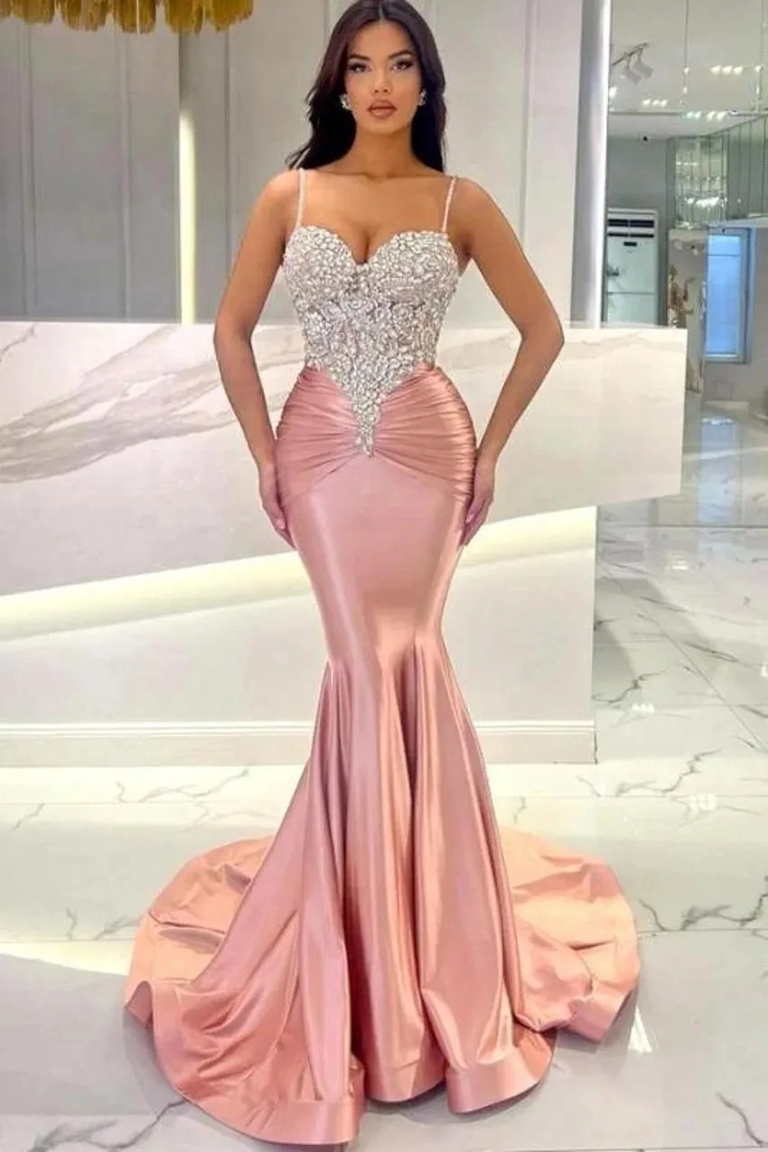 Sexy Arabic Blue Pink Spaghetti Straps Mermaid Evening Dresses Beadings Crystals Top Ruffles Satin Long Party Occasion Gowns