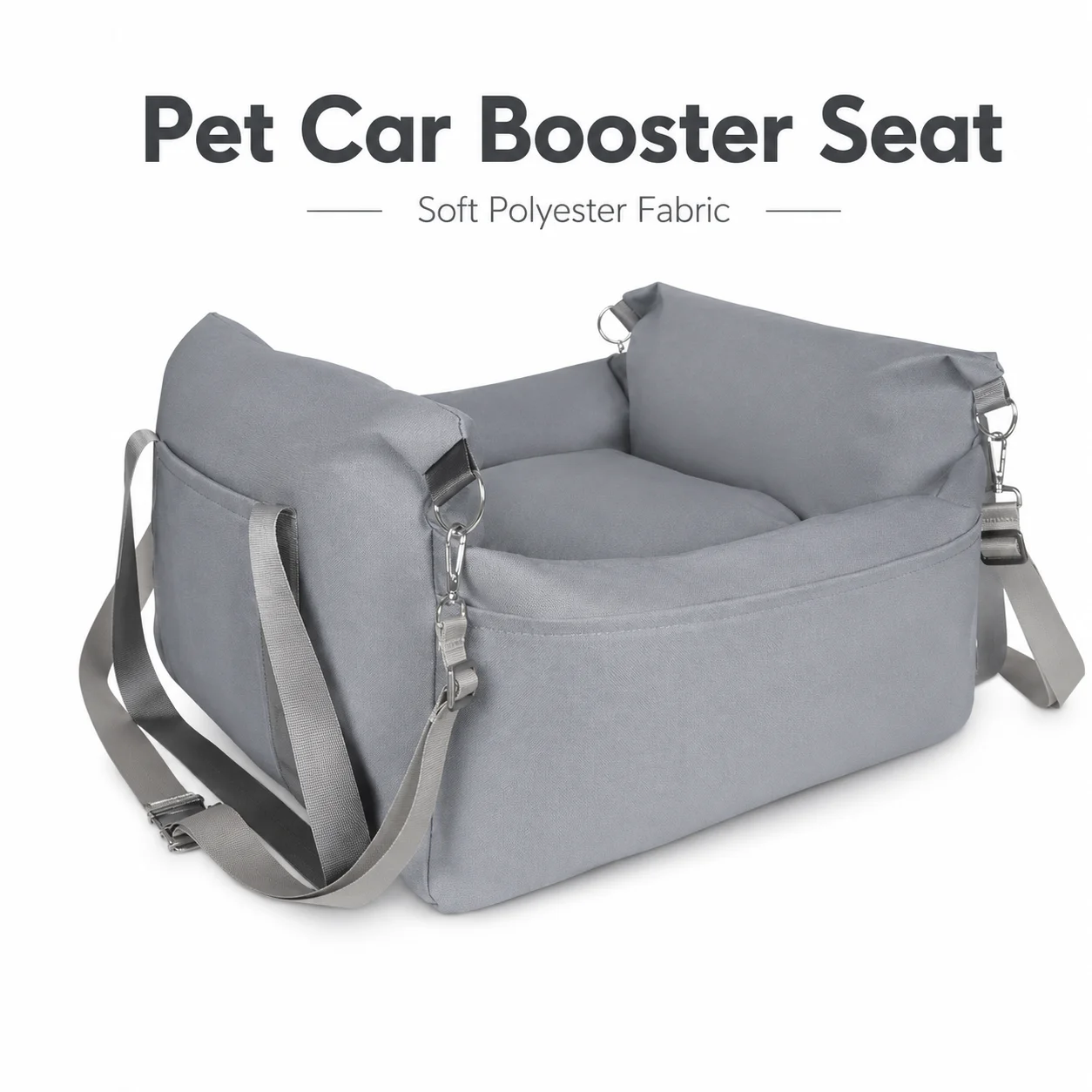 Pet Car Booster Seat for Small Dogs | Gray Polyester Fabric | Removable Cushion & Safety Straps | Cozy Travel Bed