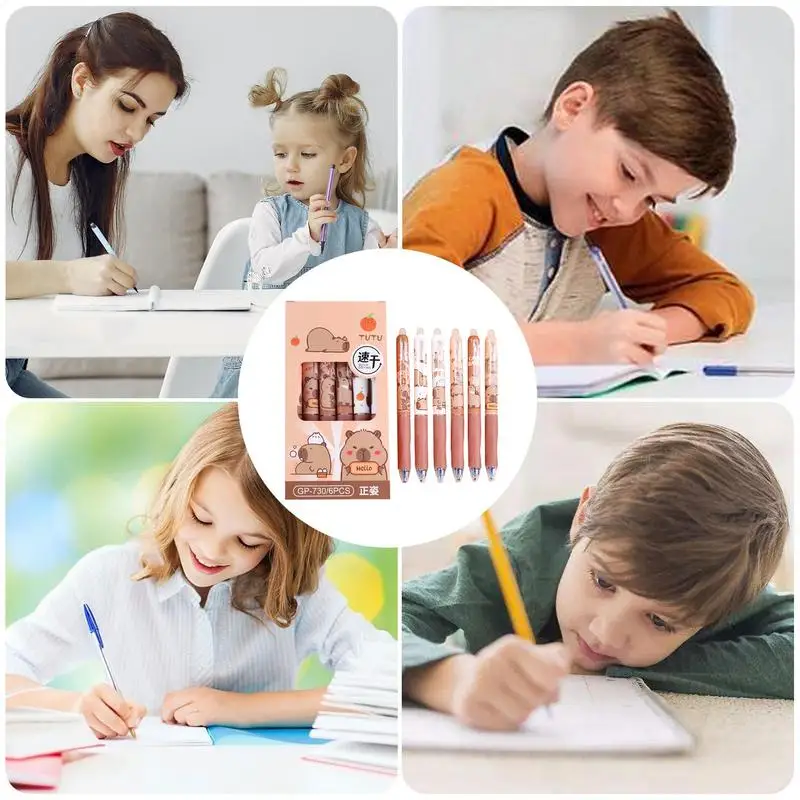 Bolígrafos de Gel de capibara bonitos de dibujos animados, Kawaiis, escritura de secado rápido, bolígrafos neutros suaves y elegantes, papelería estética, 6 uds.