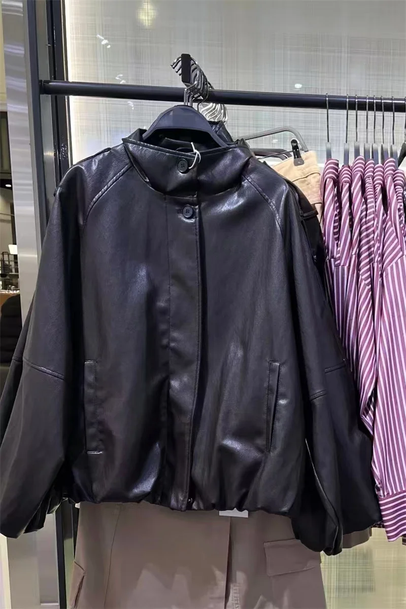 여성용 재킷 2025 겨울 신상 다크 브라운 긴 소매 인조 가죽 효과 스탠드 칼라 루즈핏 재킷 캐주얼 패션 다용도