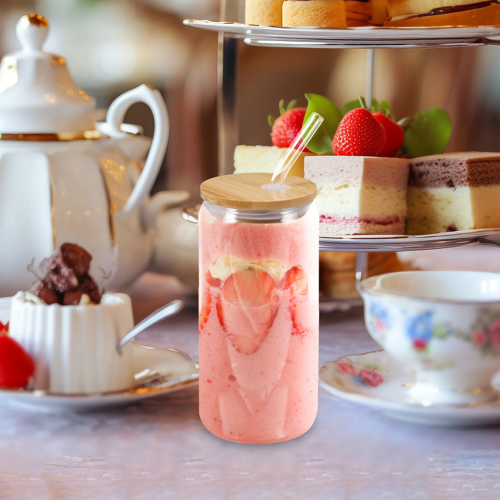 

1Set Glass Coffee Cup Clear Stylish Design Leak Proof Bamboo Lid Included Straw for Coffee Juice Milk Tea Home Office Use