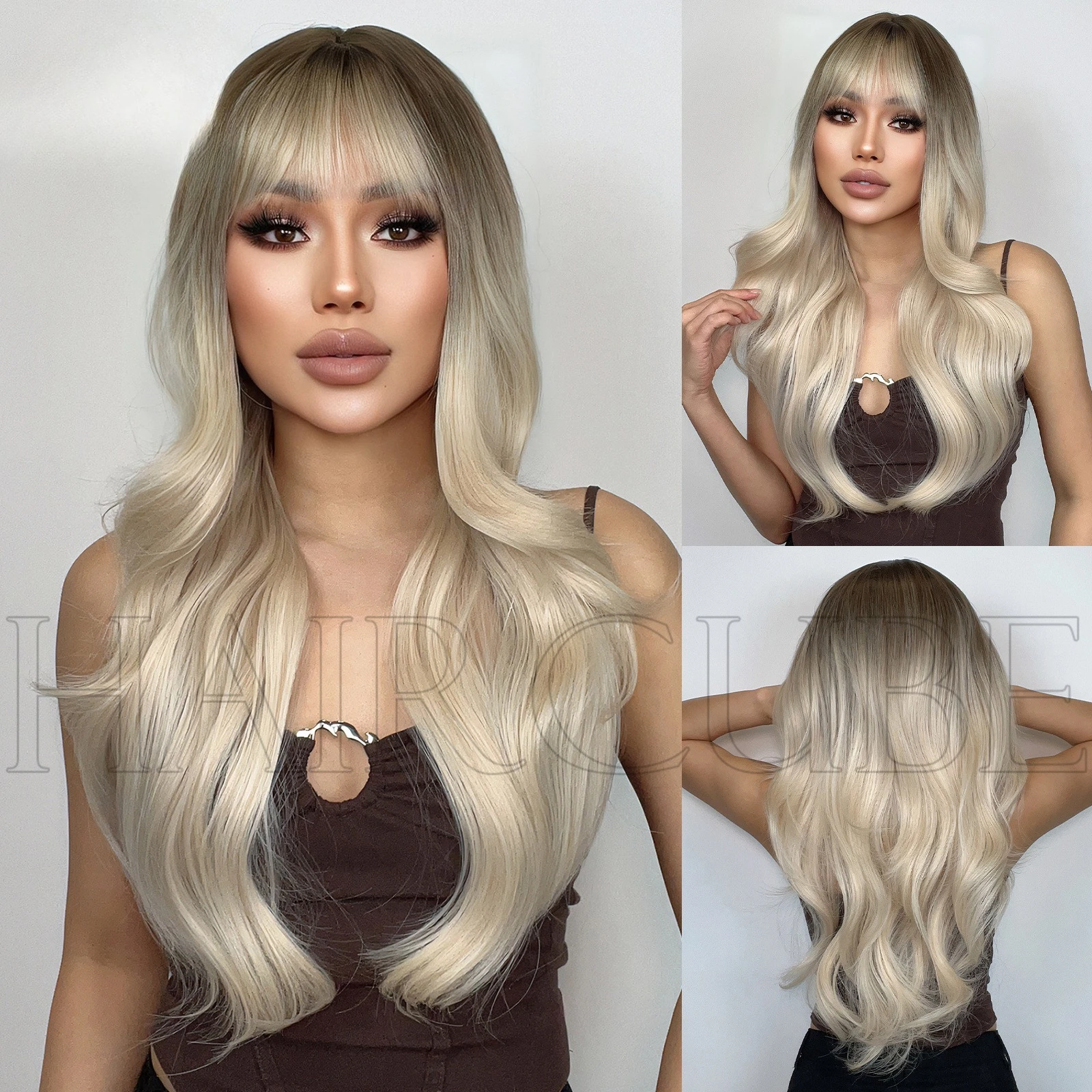 

Hot-selling Qi bangs head dyed black long curly hair Internet celebrity wig female wigs natural simulation wig new products