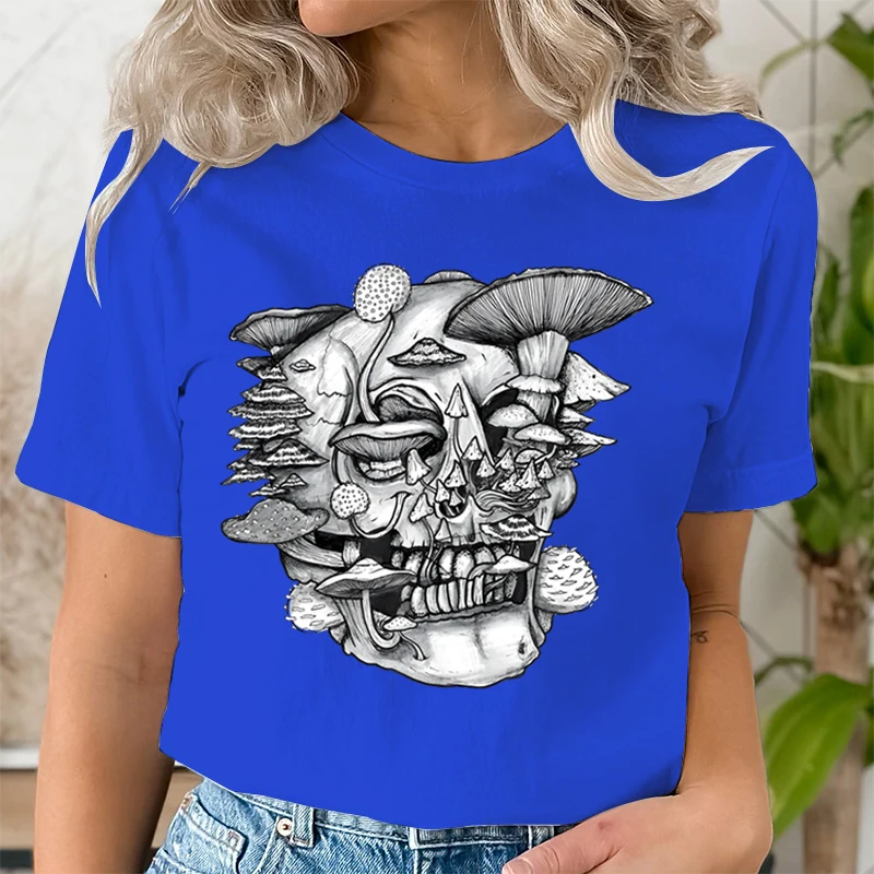 Summer Clothing Trippy Skull Mushrooms Fashion Women Tee T-shirts Casual Short Sleeve Regular Female Graphic T Shirt Clothes