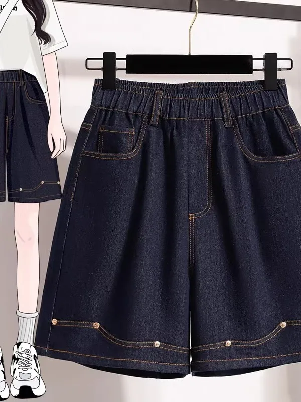 

Summer New Style Women's Slim Fit Vintage Denim Shorts Elastic Waist Five-Quarter Length Loose Fit Jeans Casual Ladies Trousers