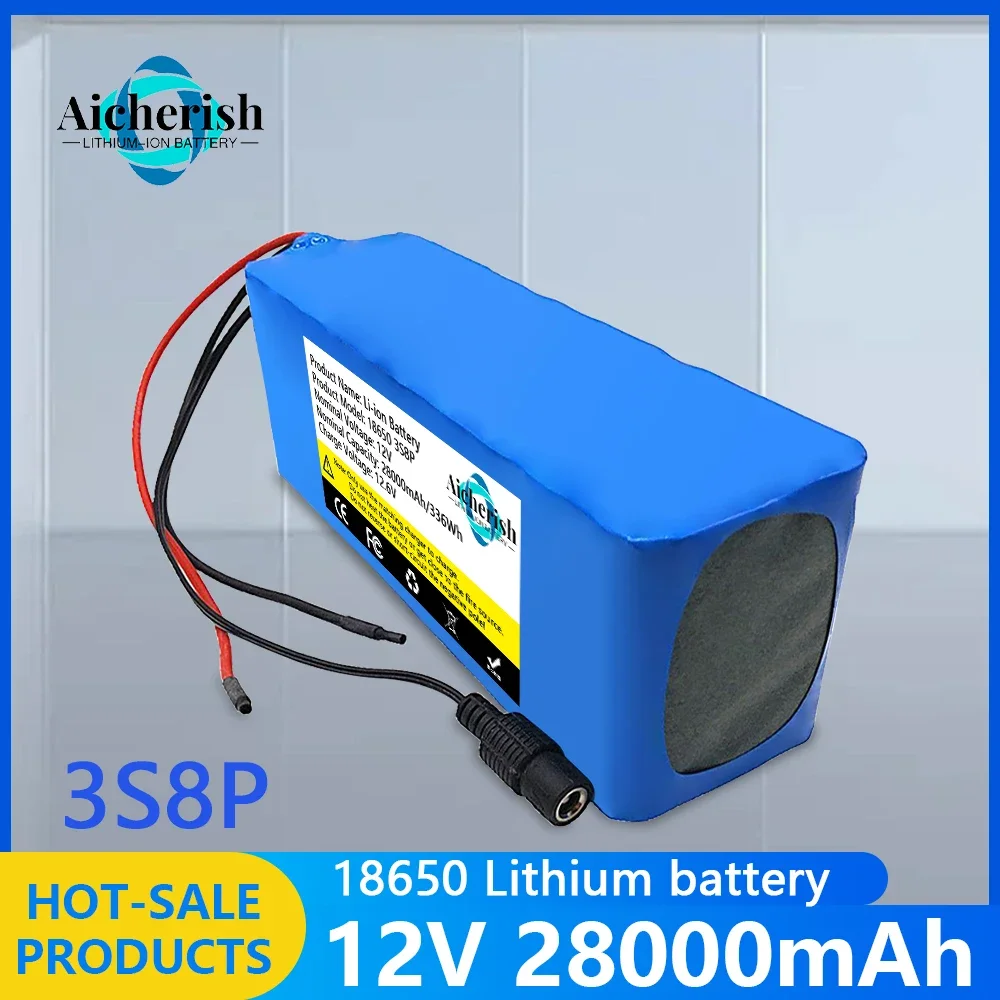 

12V 28000mAh Large Capacity 18650 Lithium Battery. 12V 3S8P Pack Protection Board For Inverter Miner Light +12.6V Charger