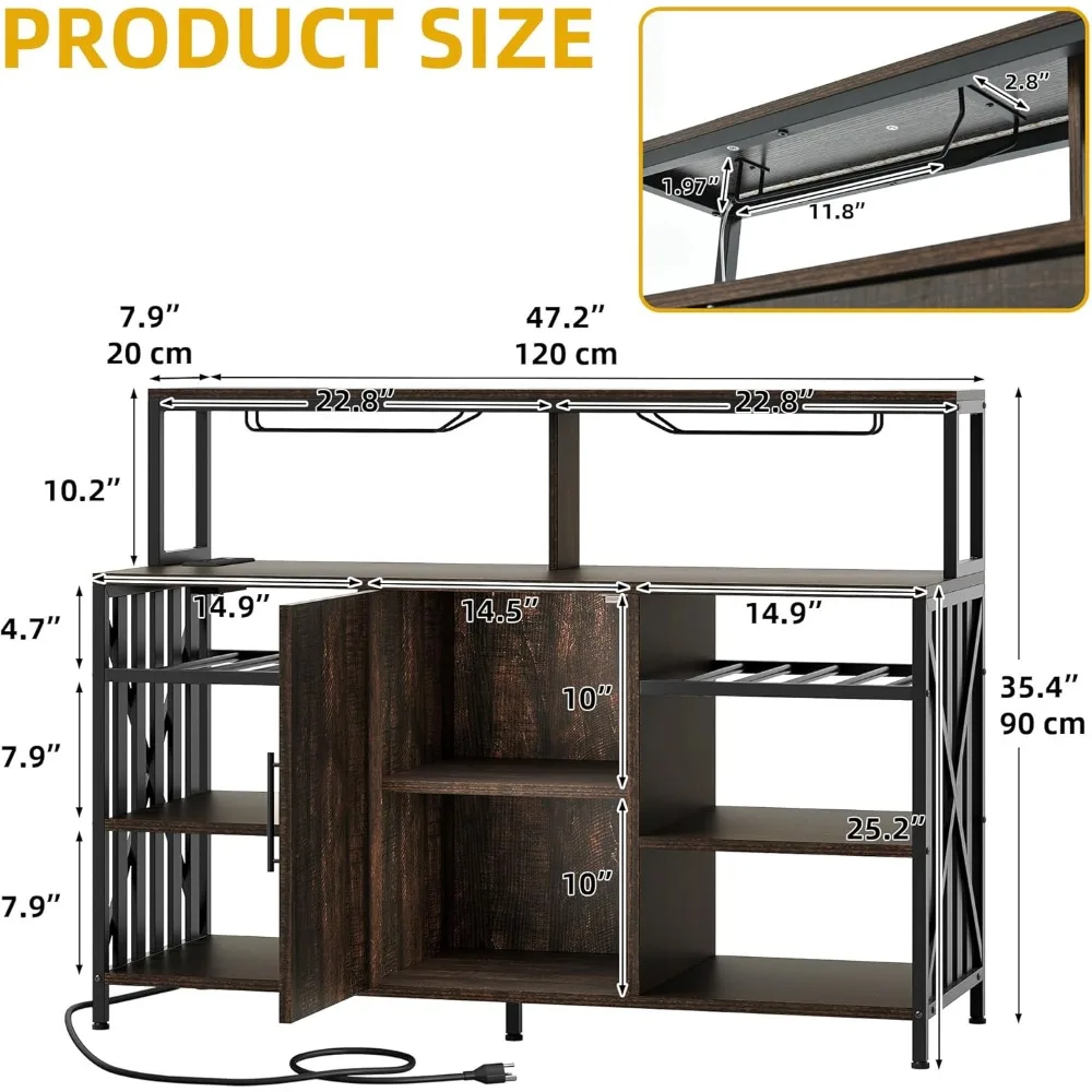 47" Bar Table Cabinet with Power Outlet and LED Lights Wine Rack Storage Buffet with Glass Holder Liquor Cabinet for Dining Roo