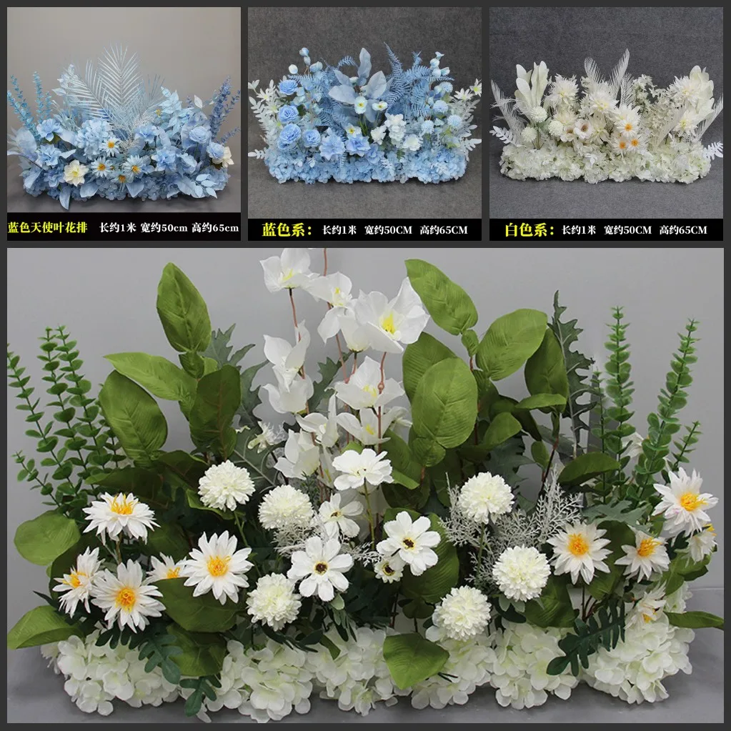 

Luxury Blue White Rose Wedding Backdrop Decor Party Event Decoration Artificial Flowers Road Lead Flower Ball Hanging Flower Row