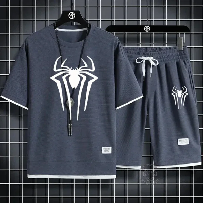 

Men's Spider Print T-Shirt & Shorts Set - Summer Waffle Knit Casual Sportswear (2025) Comfortable Two-Piece Outfit Sizes M-3XL
