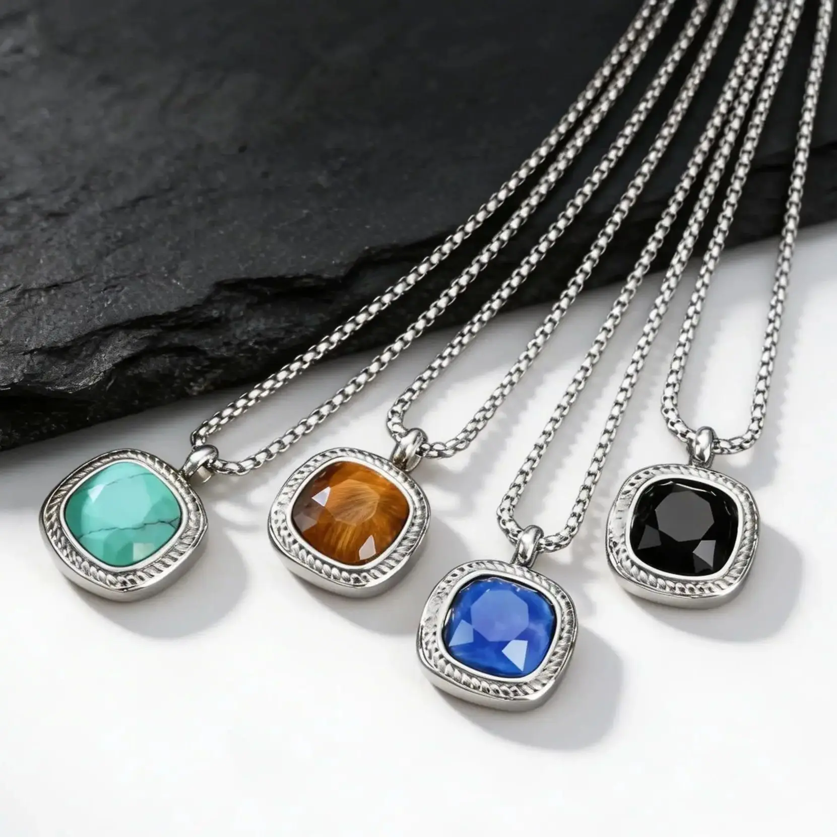 

Stylish Geometric Necklace for Men Boys,Stainless Steel Black Glass Natural Stone Square Pendant,Original Design Male Gifts