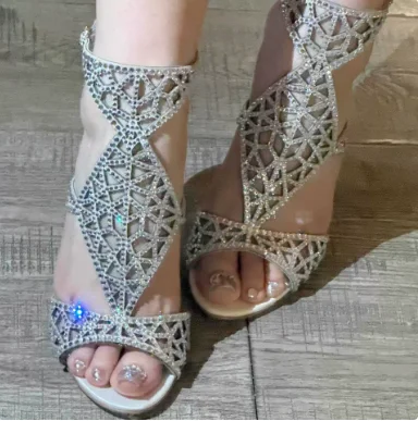 

Bling Rhinestone Sliver Round Toe Hollow Summer Women Sandals Stiletto High Heels Buckle Strap Design Large Size Shoes