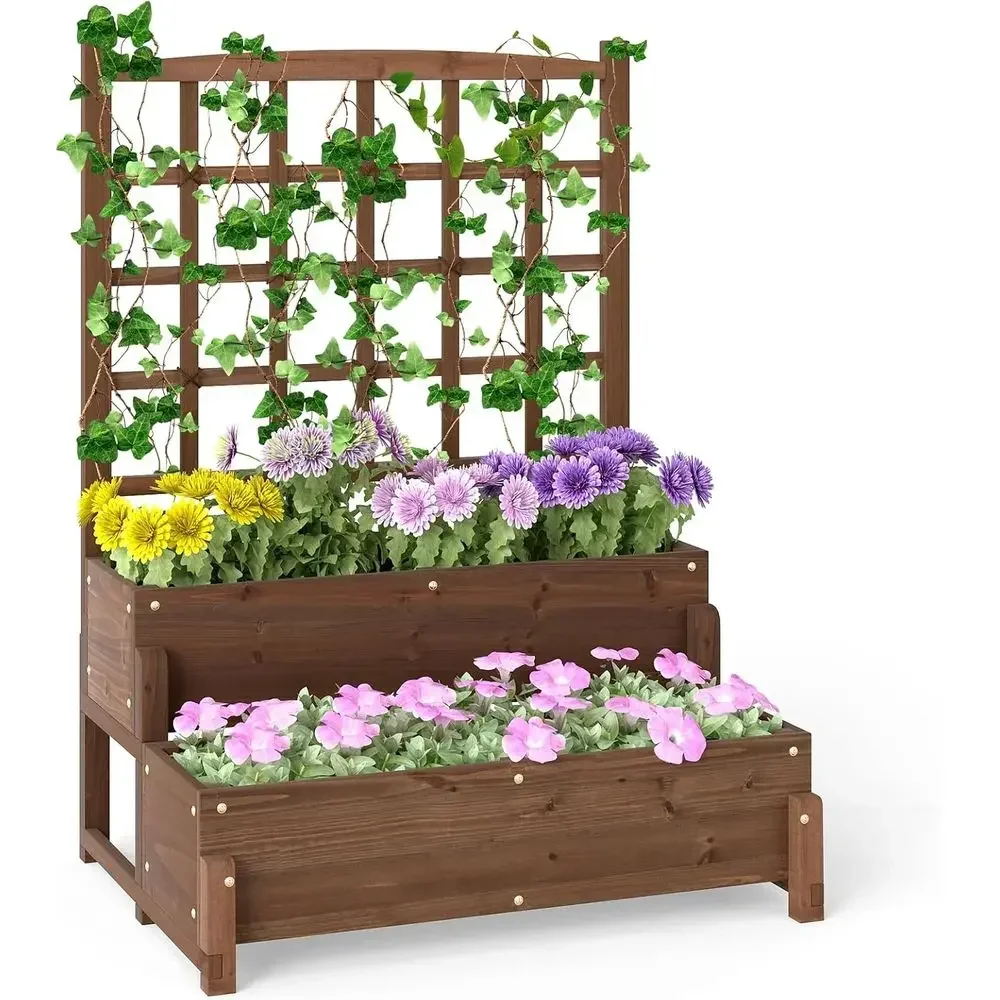 2-Tier Wooden Elevated Planter with Trellis, Drainage, Legs for Outdoor Herbs, Vegetables, and Fruits
