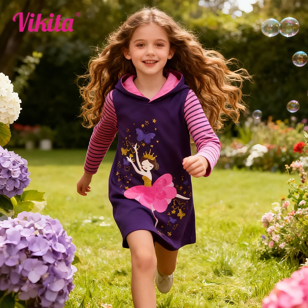VIKITA Girls Jesień Wiosna Gruba sukienka dla dzieci Butterfly Star Fairy Cartoon Print Bawełniane bluzy z kapturem Casual Straight Hoodies Dresses