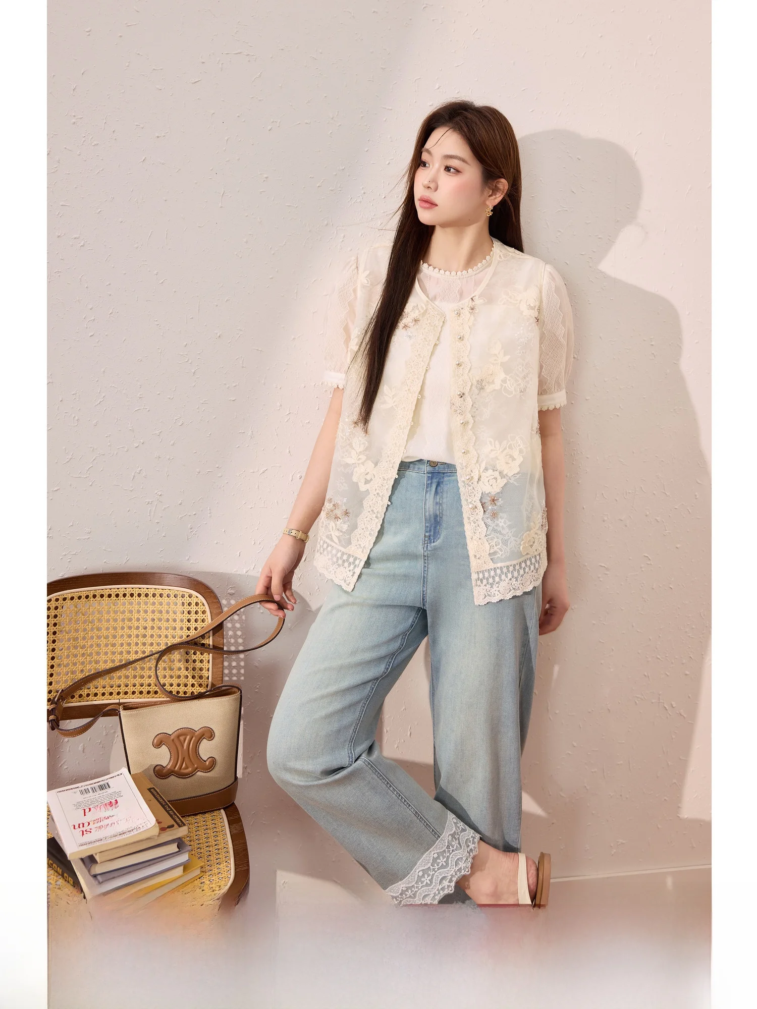 

Blue Language Large Size Women's Ele Embroidered Lace ort Sve Top Straight Leg Jeans Summer New Beautiful Set