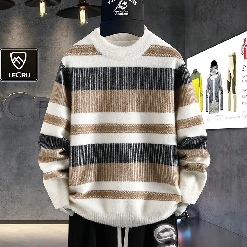 

2025 New Mens Sweater Jacquard Turtle Neck Striped Pullover Winter Autumn Knitwear Casual Fashion Cardigan For Boys