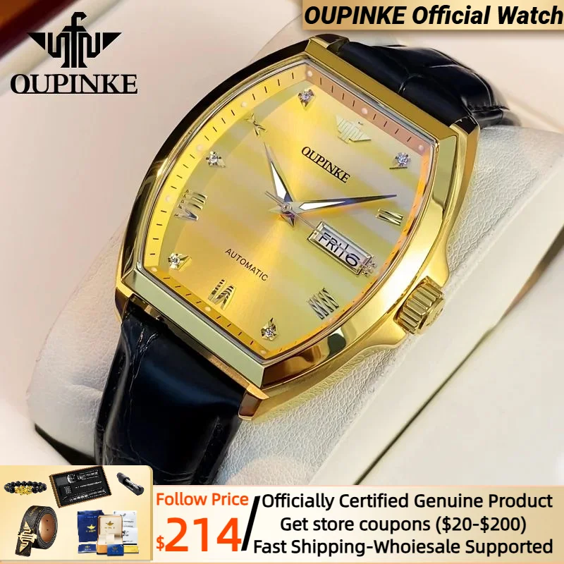 

OUPINKE Automatic Watches for Men Gold Wrist watch Original Leather strap Diamond Dual Calendar Imported Mechanical Men's Watch