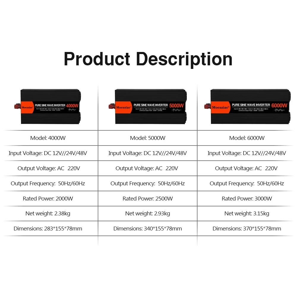 4000W 5000W 6000W Moexsiac Pure Sine Wave Inverter Double EU Socket Solar Car Inverter DC12V 24V 48V To AC220V Voltage Converter