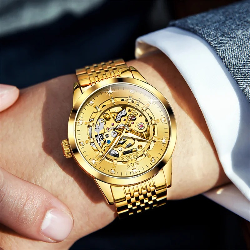 

OLEVS скелетон автоматические механические мужские часы деловые золотые повседневные водонепроницаемые часы из нержавеющей стали мужские Relogios Masculino