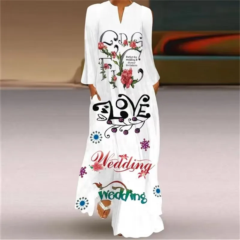 White Printed Long Dress Women Autumn Pocket Sexy V-neck Long Sleeve Loose Dresses For Women Valentine's Day Party Flower Dress