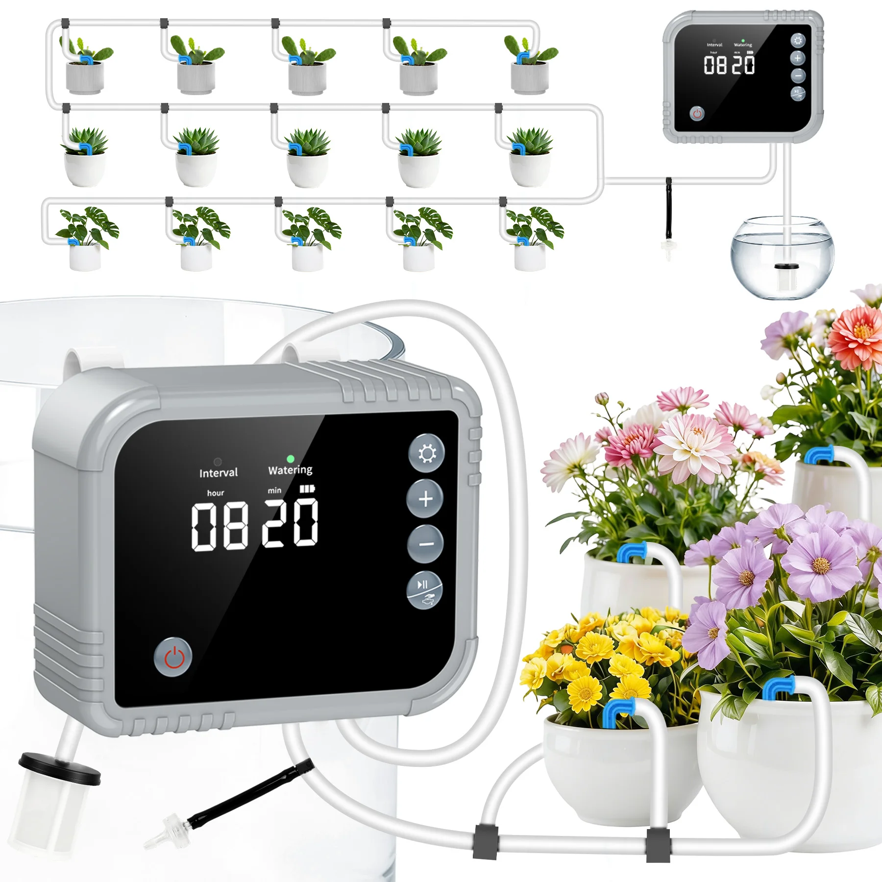 Automatische Bewässerung Indoor, mit Programmierbare Timer; feuchtigkeitsgesteuerte Wasserversorgung; feste Schläuche; Innen & Balkon für 15 Pflanzen  2200 mAh