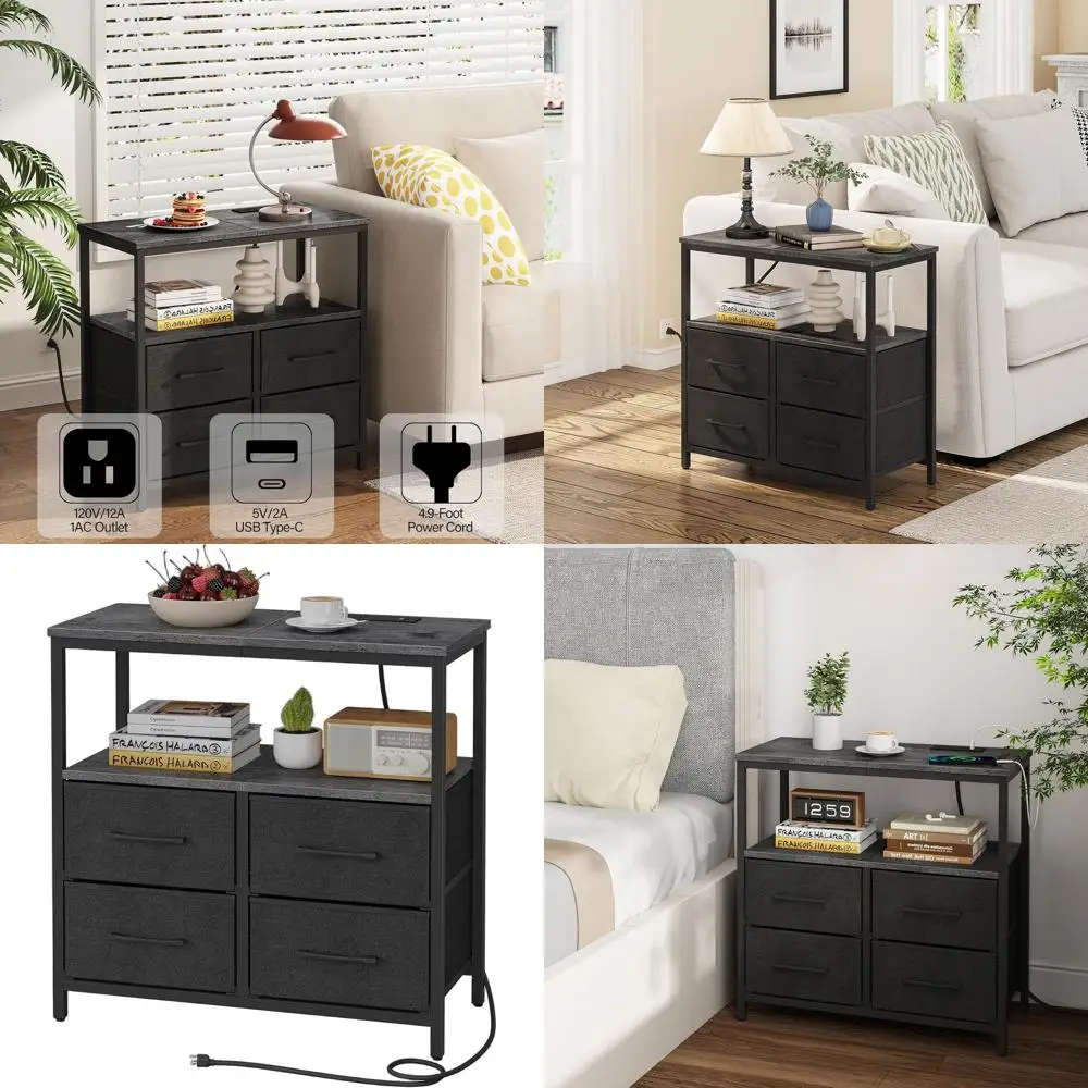 

Большая прикроватная тумбочка с зарядной станцией, тумбочка с USB и портом Type-C, прикроватная тумбочка с тканевыми ящиками, торцевой столик для Li
