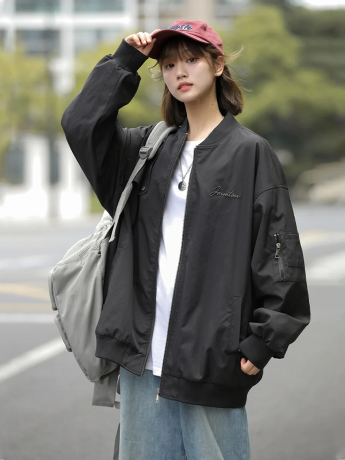 

Повседневная бейсбольная куртка-бомбер на весну-осень, красная, с декоративной молнией, свободного кроя, молодежная, модная верхняя одежда