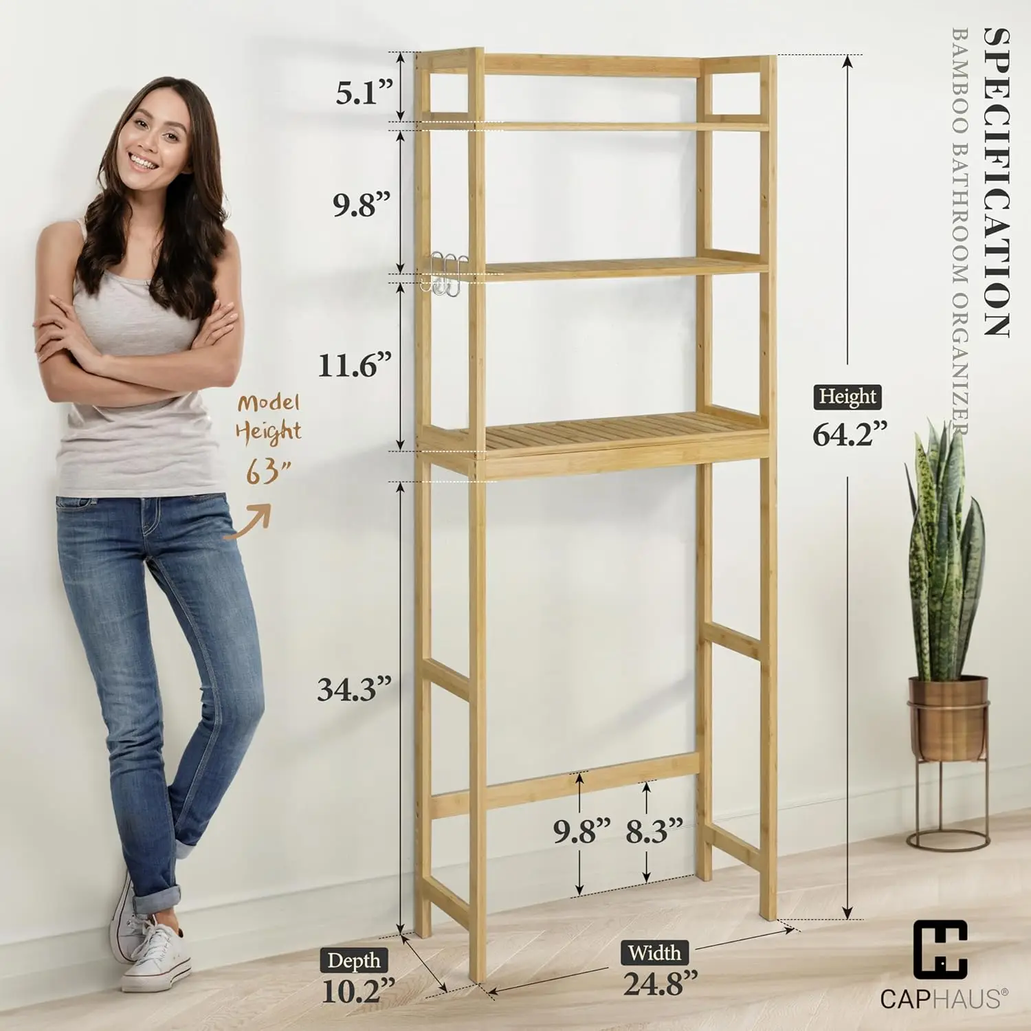 Bamboo Over The Toilet Storage, Behind Toilet Bathroom Shelf Rack with Hooks & Adjustable Feet,