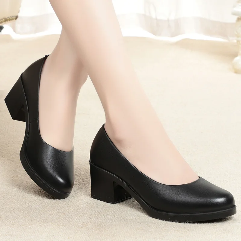 Autumn Women\'s High Heels Daily 5cm Square Heel Pumps Office Lady Black Leather Shoes Comfortable Soft Sole Slip-on Women Shoes