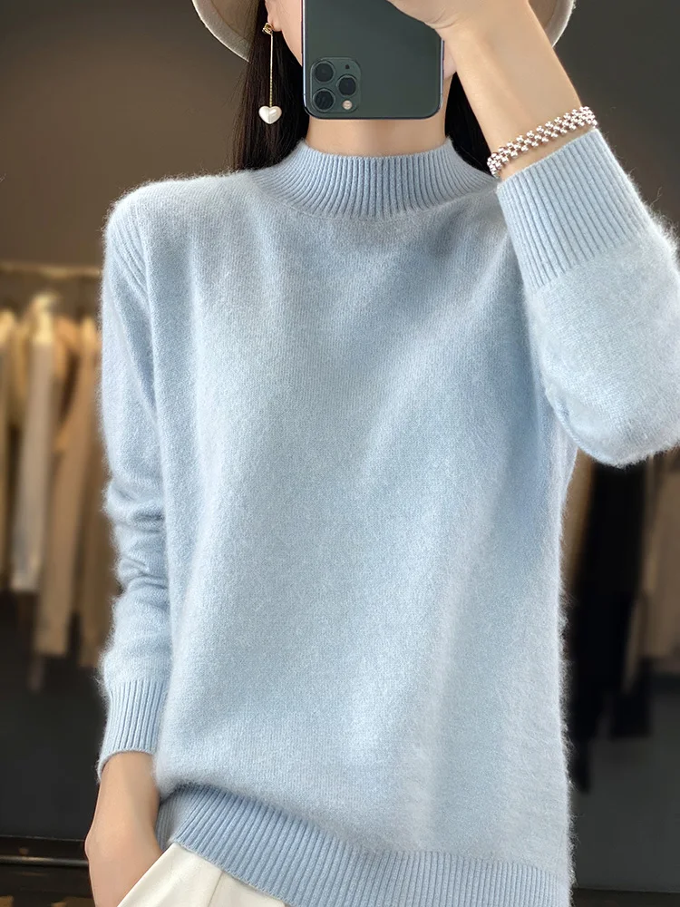 Autumn Winter Women's Basic Mock-neck Pullover Sweater 100% Mink Cashmere Solid Long Sleeves Cashmere Knitwear Female Clothing