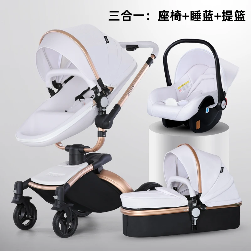 2023 Luxury high landscape pram newborn 3 in 1 car seat 360° swivel pu leather eggshell baby stroller