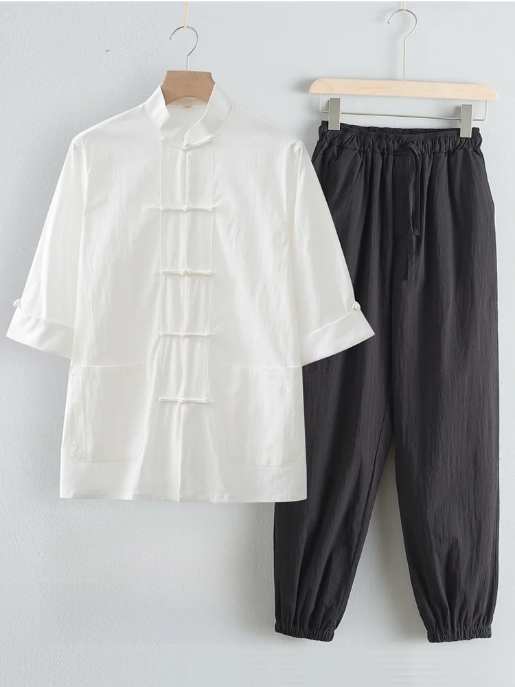 light-short-sleeve-work-uniform-set-chinese-style-tea-house-milk-tea-hot-pot-restaurant-server-cleaning-staff-uniform-cotton