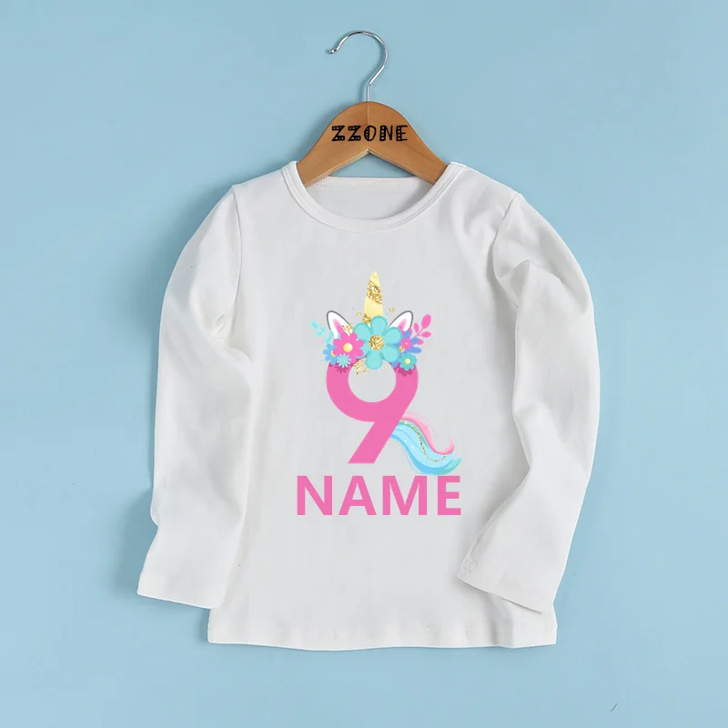 Compleanno ragazze T shirt fiore unicorno numero stampa bambini 1 2 3 4 5 6 7 8 9 anni personalizza nome T-shirt bambino manica lunga vestiti