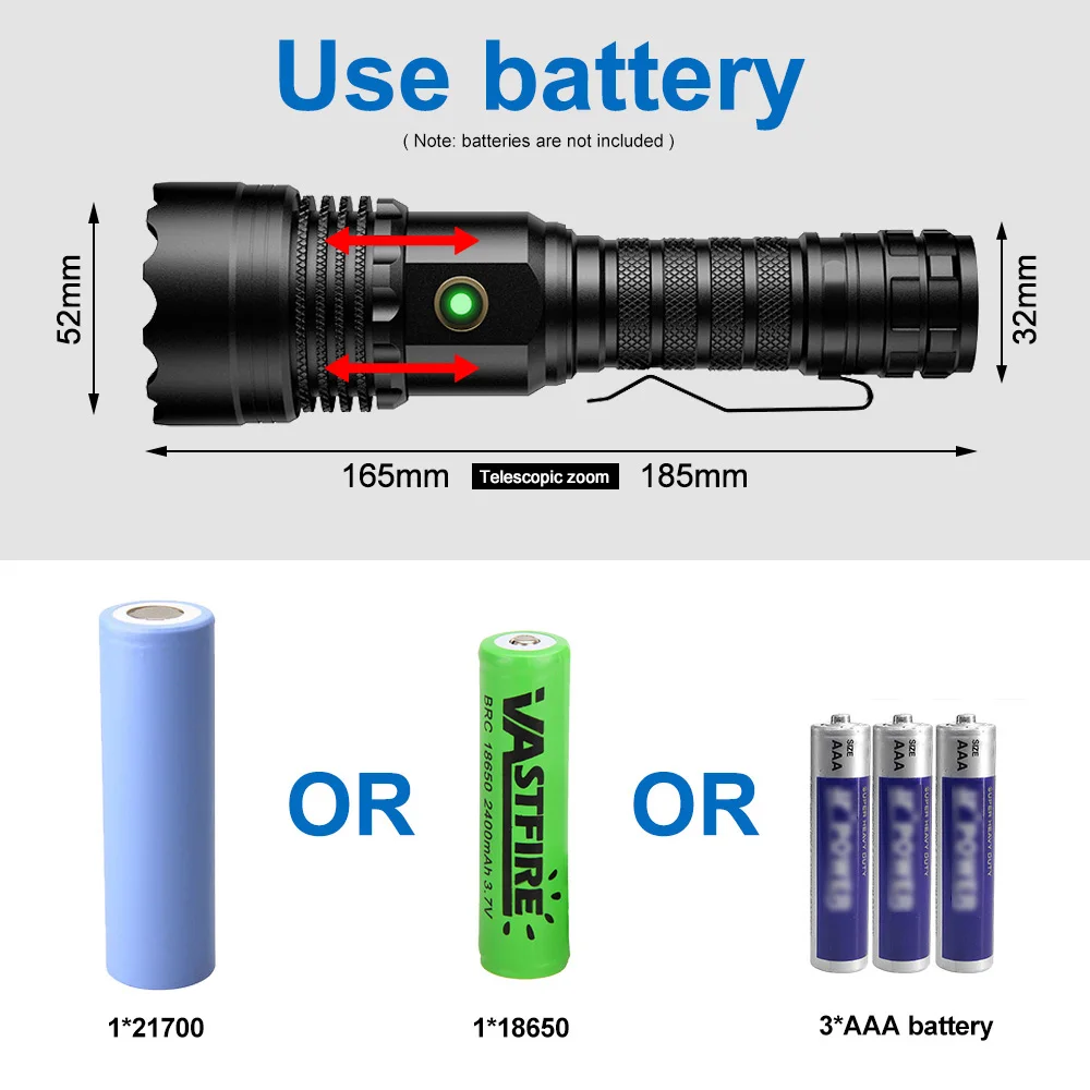 Powerful 10000lm 4 CORE LEP White Flashlight Adjustable Focus Type-C Fast Charging 5 Modes LED Toch for Outdoor Emergency