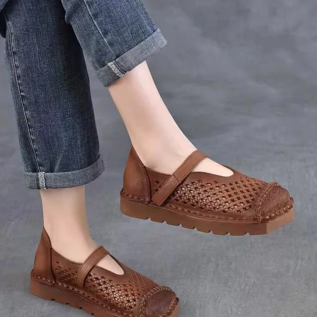 

Women's Breathable Hollow out Leather Sandals Flat Heel Spring Summer Low Cut Rubber Sole Square Head Casual Slip-On Shoes