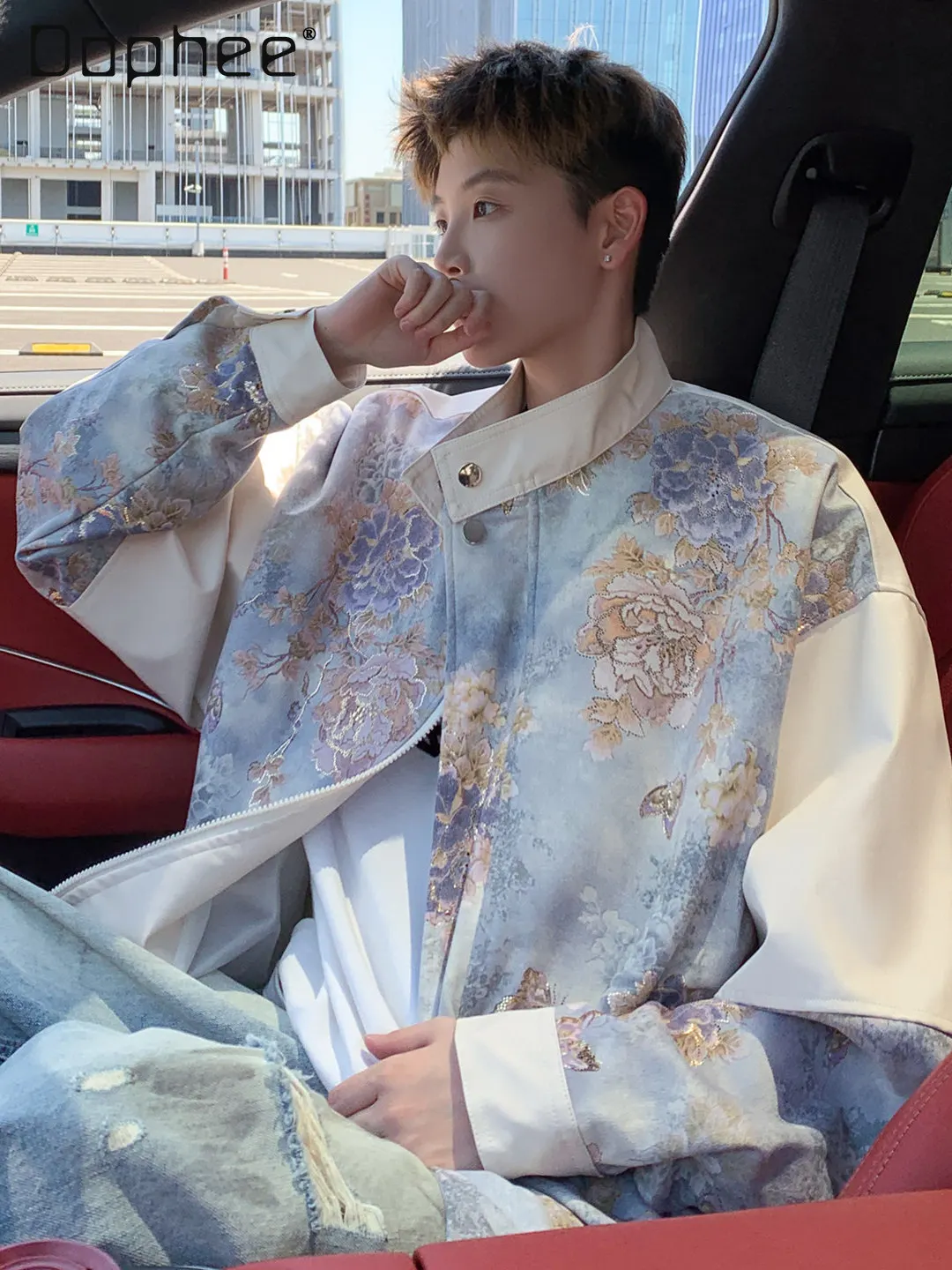 

National Style Retro Floral Patchwork Black Pu Leather Jacket Men's Trendy Loose Stand Collar Green Beige Motorcycle Jacket