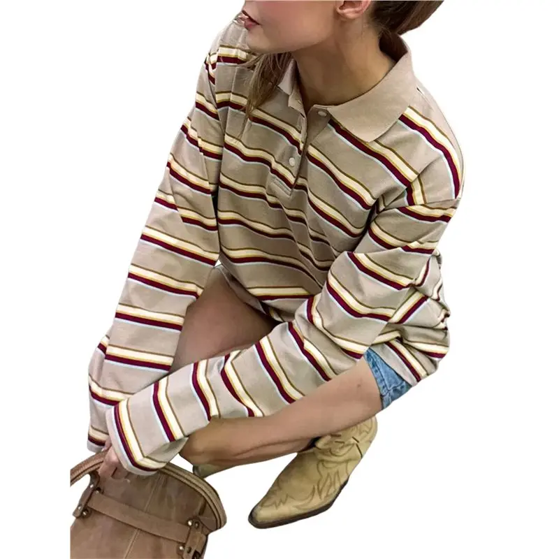 

CYL-Oversized Striped Long Sleeve Rugby Shirts Women-Polo V Neck Y2k Preppy Pullover Top